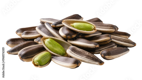 Pile of cracked sunflower seeds with green kernels, realistically presented isolated on transparent background for healthy food advertising