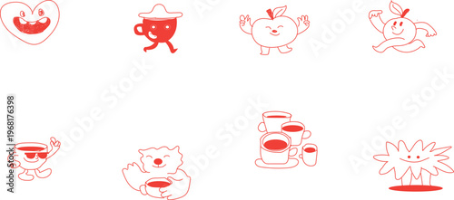collection of illustrations featuring coffee cups, hearts, and other characters in a "kawaii" or cute sticker style. These designs are frequently used for digital stickers
