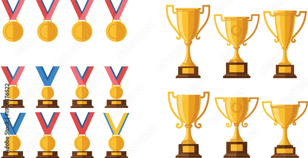 Fototapeta premium Gold Trophy and Medal Set, Award Winner Achievement Cartoon Collection