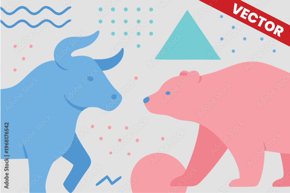 Fototapeta premium Flat Minimalist Bull and Bear Market Illustration with Geometric Shapes and Pastel Colors for Financial Business News Finance Growth and Stock Exchange Concept Background Vector