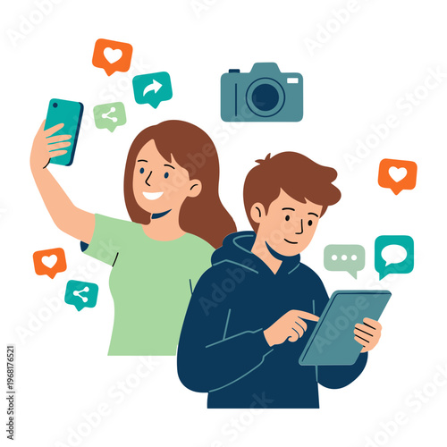 People taking photos and sharing on social media with devices