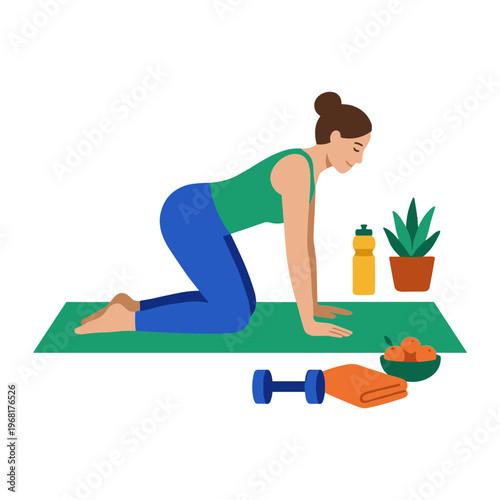Woman practices yoga on a mat with dumbbell and healthy snacks nearby indoors.