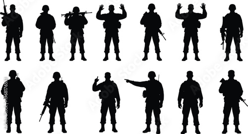 soldiers, silhouettes, military, army, armed, forces, combat, security, defense, weapon, uniform, tactical, people, set, isolated, white, background, black, collection, patrol