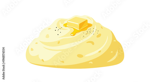 Creamy mashed potatoes with melting butter and savory pepper flakes on white background