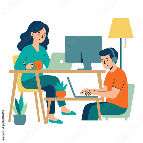 Two coworkers collaborate on laptops at a wooden desk in an office