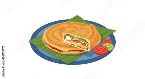 An appetizing illustration of a freshly prepared savory flatbread, layered with vibrant vegetables and cheese, presented on a blue plate atop a