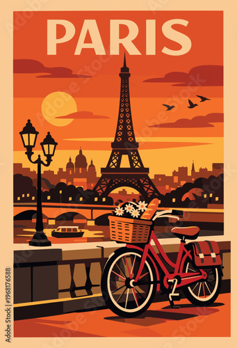 Flat vector illustration of a romantic Paris scene featuring a red bicycle with a baguette and flowers, the Eiffel Tower, and a sunset over the Seine river in a vintage travel poster style.