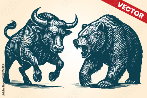 Detailed Ink Sketch Bull and Bear Fighting for Market Dominance, Artistic Financial Illustration for Stock Trading News, Grayscale Animal Battle Business Concept, Professional Portfolio Graphic