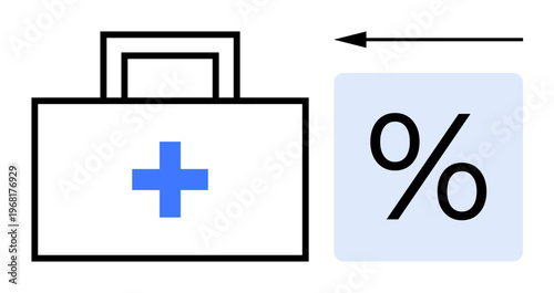 Healthcare cost concept. Medical kit with a cross, percentage symbol, and directional arrow cost reduction or financial adjustments in healthcare. Perfect for medical services, insurance, healthcare
