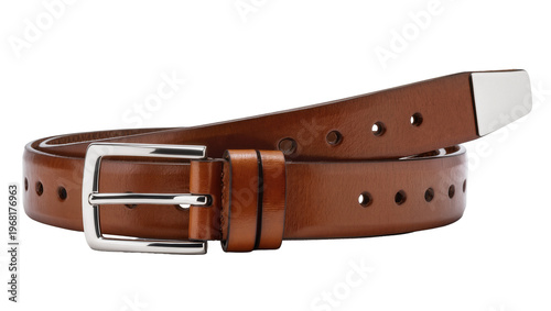 Elegant brown leather belt with silver-tone rectangular buckle featuring multiple punched holes for adjustable fit, isolated on transparent background for fashion catalogs