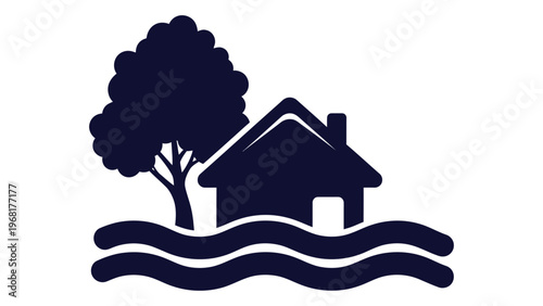 A dark blue silhouette depicts a house a tree and wavy lines suggesting water creating a simple landscape silhouette high quality