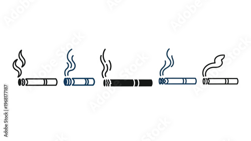 A row of five lit cigarettes with rising smoke rendered in a minimalist graphic style silhouette high quality professional detailed modern