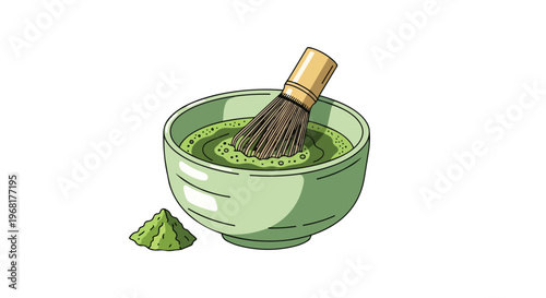 Traditional Japanese matcha tea preparation illustration, showing a bamboo whisk mixing frothy green tea in a bowl, with fresh powder heap nearby