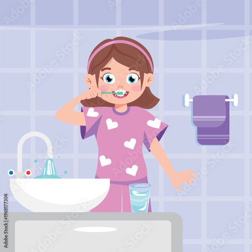 Vector illustration of a cute little girl brushing teeth in the bathroom. Cartoon scene of a girl in pajamas, taking care of oral cavity, brushing teeth, washing basin with water flow, glass, towel.