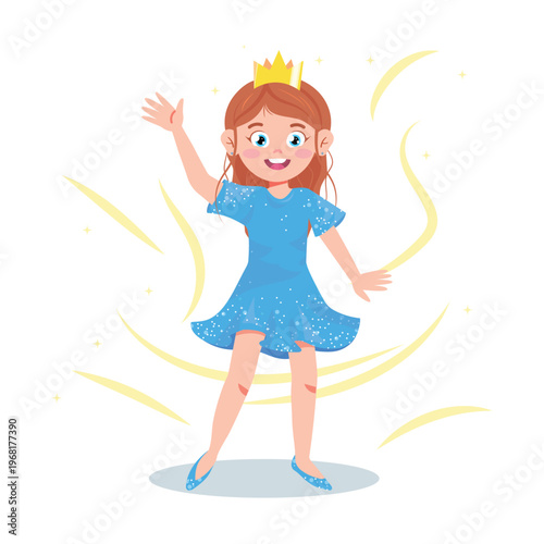 Vector illustration of a beautiful little princess. Cartoon scene girl in blue, shiny dress, shoes, gold crown on head, standing waving hand isolated on white background. Star exit. Prom queen.