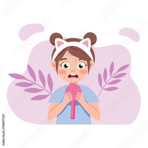 Vector illustration of chickenpox in a little girl. Cartoon scene, cute upset, girl holding a mirror, small red spots on her face, ear band on her head, leaves isolated on white background. Skin rash.