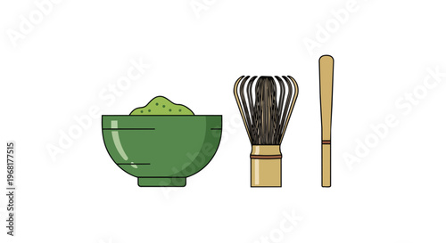 Japanese matcha tea ceremony implements: vibrant green bowl, bamboo chasen, and chashaku.