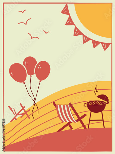 BBQ Party and Picnic Weekend Illustration Set with Family Grilling, Outdoor Banners, and Summer Holiday Scenes