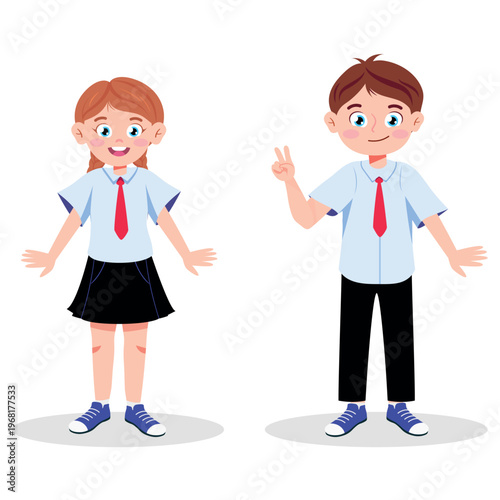 Vector illustration of smiling schoolchildren. Cartoon scene of girl and boy with different emotions, dressed in school uniform: shirts, red ties, skirt, pants, sneakers isolated on white background.