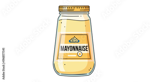 A clear graphic design showcases a sturdy glass jar filled to the brim with creamy yellow mayonnaise an essential condiment for countless culinary