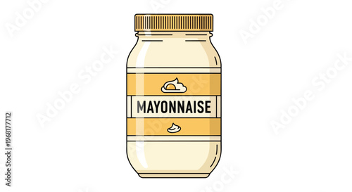 Stylized illustration of a classic mayonnaise jar with a golden-yellow label, showcasing a timeless design for culinary condiment packaging and food