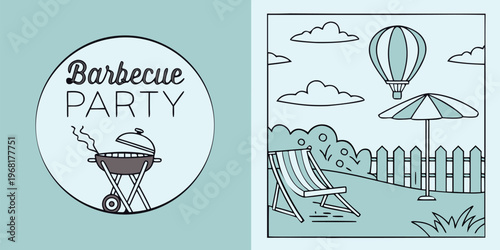 BBQ Party and Picnic Weekend Illustration Set with Family Grilling, Outdoor Banners, and Summer Holiday Scenes