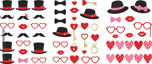 Valentine Romantic Elements Collection with Hearts, Lips, Hats and Accessories, Love Symbols Set for Wedding and Holiday Vector Illustration