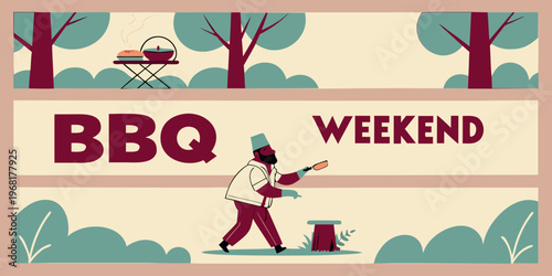 BBQ Party and Picnic Weekend Illustration Set with Family Grilling, Outdoor Banners, and Summer Holiday Scenes