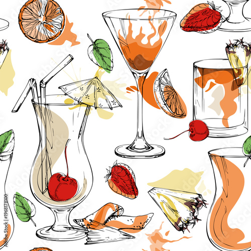Warm orange and cream cocktail, milkshake, tea or juice drinks repeat with flat accents, citrus and fruit, mint. Hand drawn seamless vector pattern for social templates, recipe backdrops, home goods.