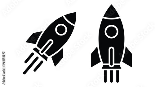 Two black rocket ship icons are displayed on a white background showcasing a minimalist vector based silhouette high quality professional detailed