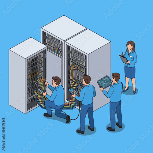 Isometric Illustration of IT Technicians Working on Server Racks.