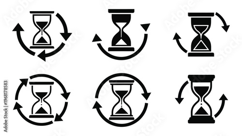 A collection of six hourglass icons with circular arrows representing the passage of time in a minimalist silhouette high quality professional