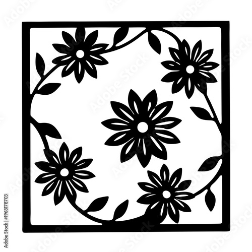 Floral laser cut template with daisy flowers and leaves, decorative botanical stencil vector, black silhouette garden pattern for wood carving