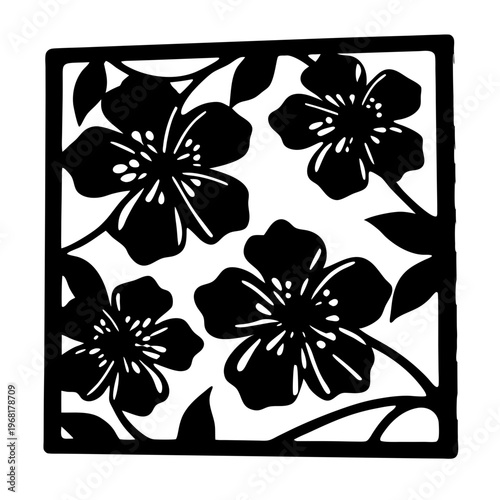 Floral laser cut template with cherry blossoms, decorative flower stencil for wood carving, botanical square panel vector for wall art and home decor