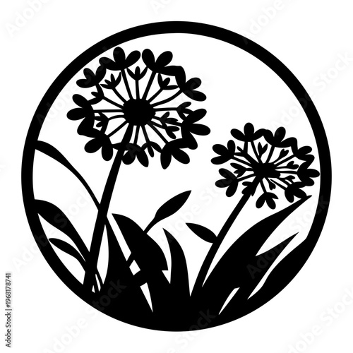 Dandelion flower silhouette vector, circular floral garden emblem, black botanical plant stencil for laser cutting and vinyl decals