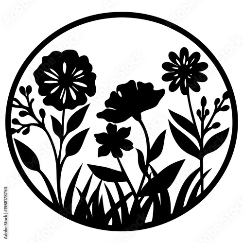 Floral silhouette vector illustration in circular frame, black wildflower garden stencil, botanical meadow blossoms for laser cutting and vinyl crafts