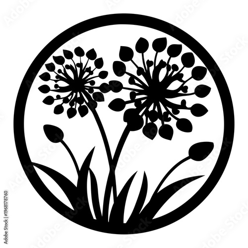 Minimalist floral silhouette vector, circular botanical logo with wild flowers and grass, black and white nature emblem for laser cutting