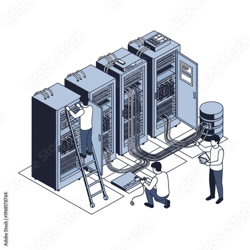 Isometric Server Room Maintenance - Technicians at Work.