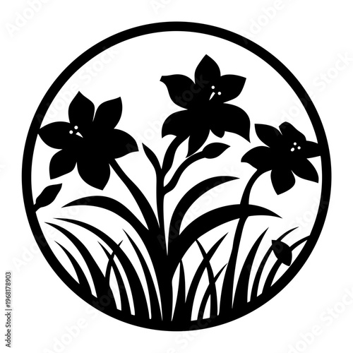 Minimalist floral silhouette vector, black lily flower circle emblem, botanical garden plant stencil, elegant nature logo design element