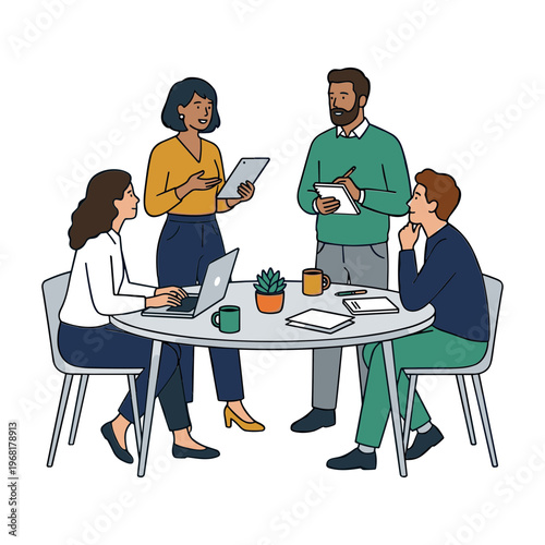 People discuss documents and work on laptops around a table indoors