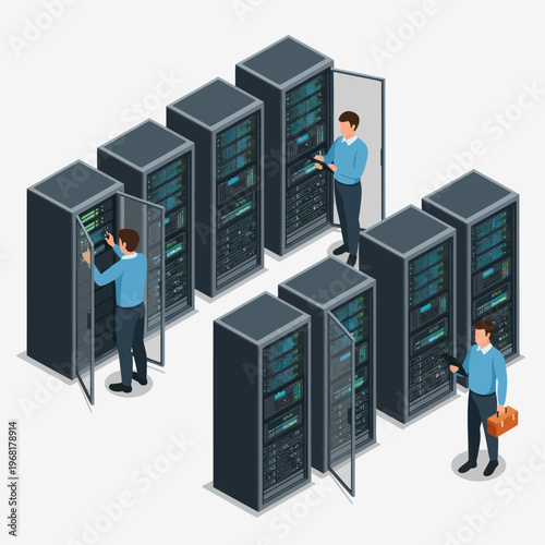 Isometric Server Room Technicians Maintaining Data Servers.