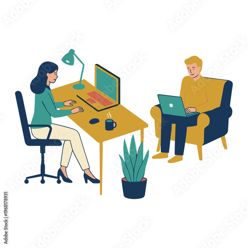 Two colleagues collaborate on laptops at a desk in an office setting