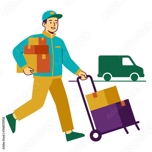 Delivery man pushing cart with boxes to green van on roadside