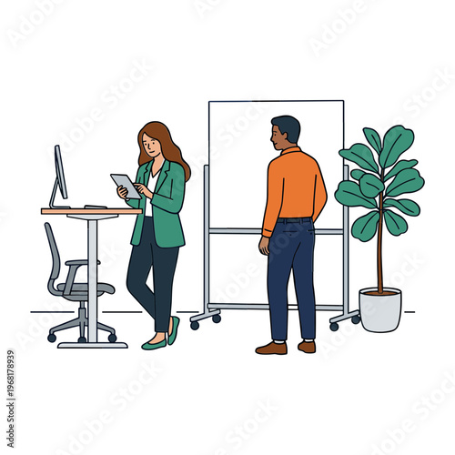 Two colleagues interact in a modern office setting with furniture and plants