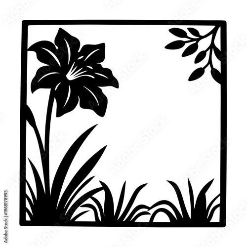Floral silhouette vector frame, black lily flower with grass and leaves, botanical square border for laser cutting and vinyl decals