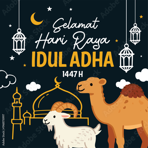 Eid al-Adha Islamic Holiday Greeting with Camel and Goat