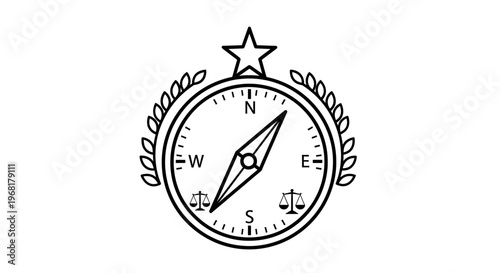 Vintage Compass Rose with Star and Laurel Wreath.