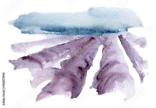 Εκτύπωση καμβά Lavender field perspective with purple rows under watercolor sky, loose strokes