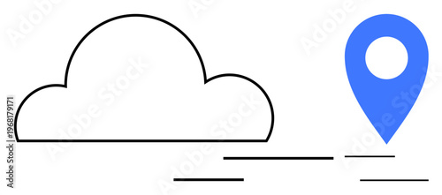 Cloud technology, geolocation services, data storage, navigation tools, digital technology, wireless connection. Minimalistic cloud and location pin interaction. Cloud technology and geolocation