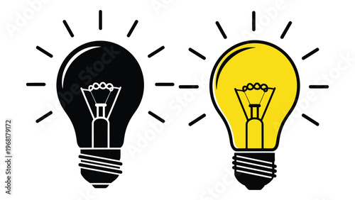 Two lightbulbs are depicted one dark and one illuminated radiating lines of energy presented as a silhouette high quality professional detailed